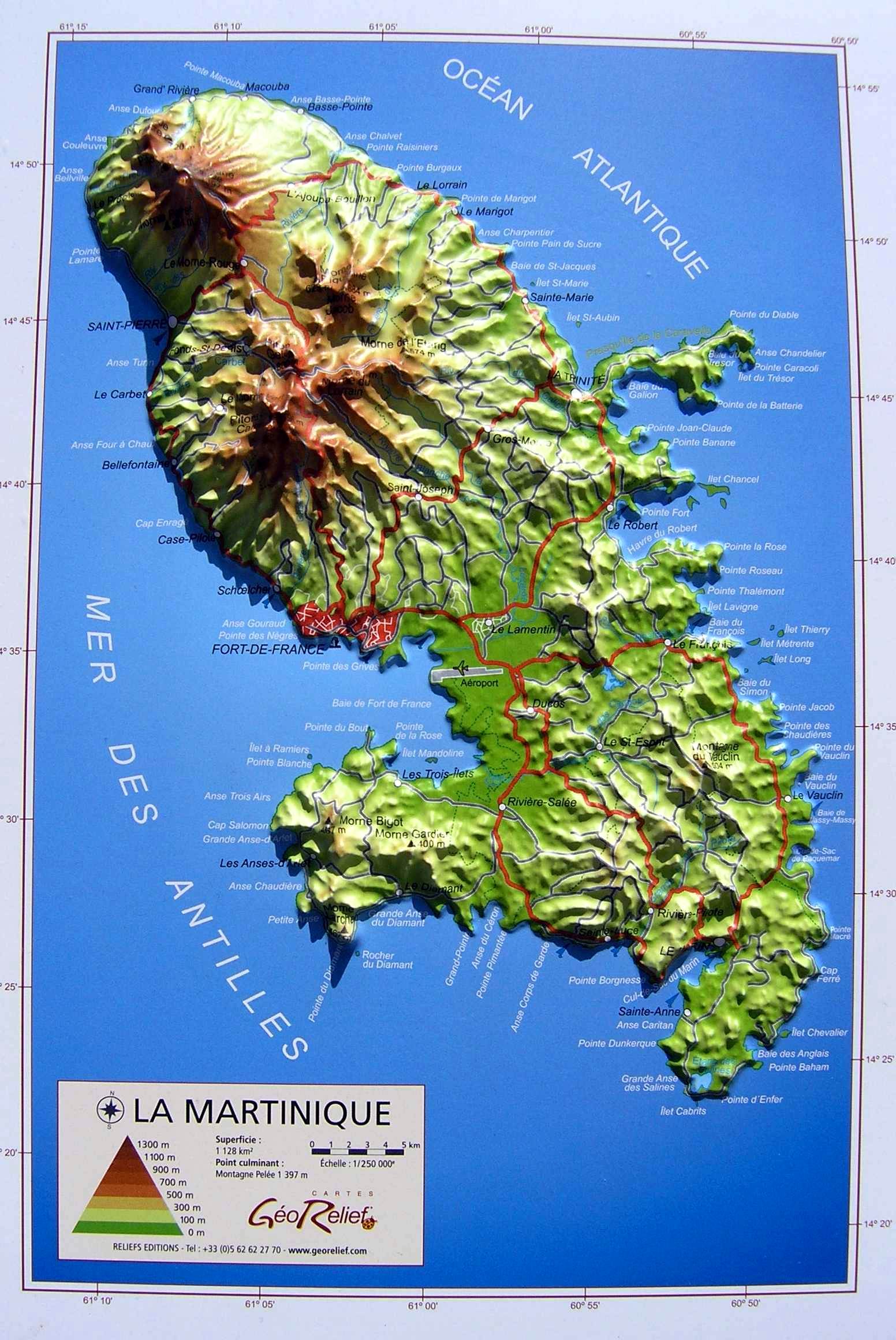 Raised relief map Martinique as 3d map