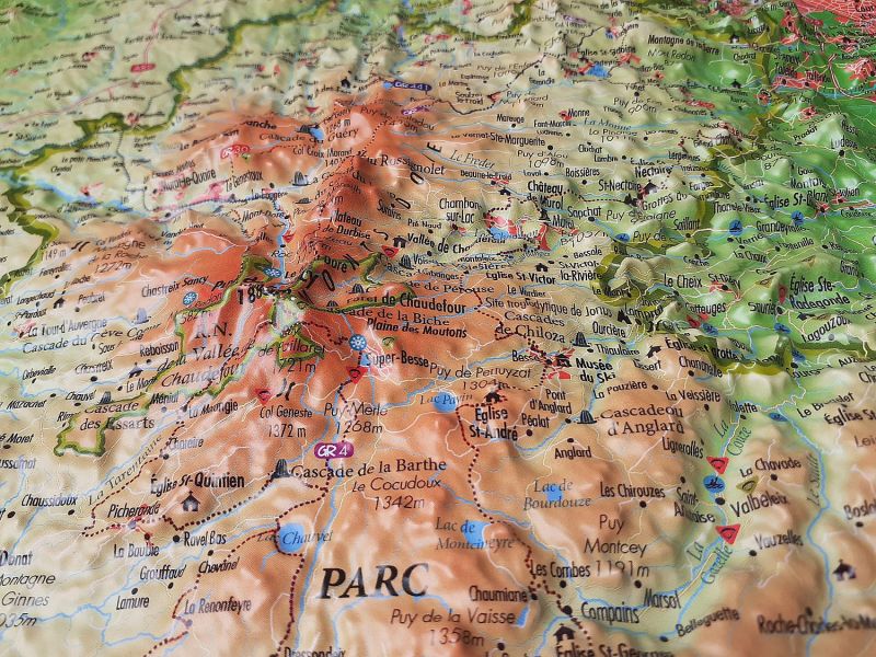 Raised relief map volcanoes of Auvergne