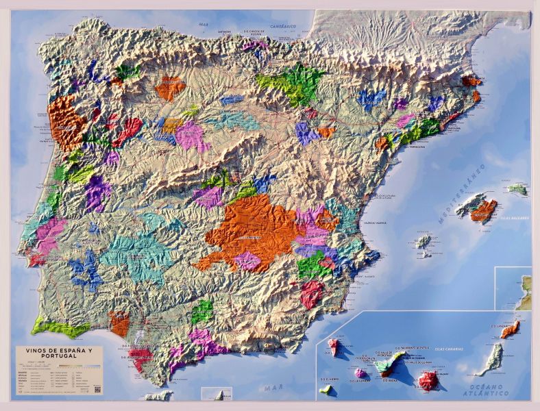 Raised relief map vineregions of Spain and Portugal